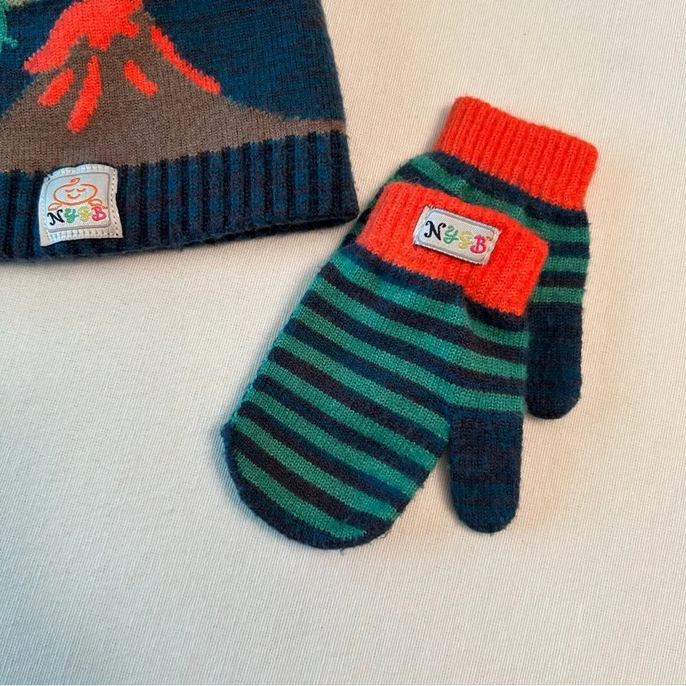 Baby Toddler Dinosaur Winter Pom-Pom Beanie Hat & Matching Mittens Set Soft Warm